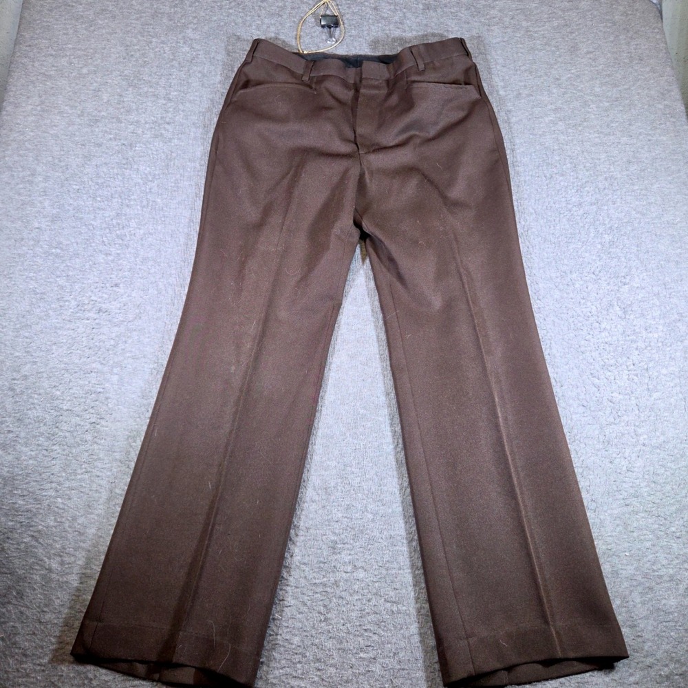 Vintage Polyester Dress Pants Mens 32x29 Brown Flat Front Straight Leg Pleated